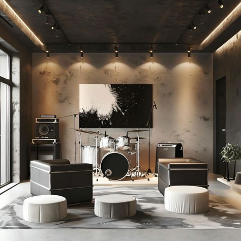 Explore this modern music room's sleek interior, featuring a central drum set and high-end speakers against dark gray walls. The room's design incorporates black leather sofas and beige ottomans, offering a stylish blend of comfort and functionality. Spotlights from a black ceiling highlight a dramatic abstract painting and the concrete flooring adds an industrial touch. Perfect for musicians, this space combines modern aesthetics with musical inspiration. Room With Drum Set, Home Music Room Ideas, Musician Living Room, Drum Aesthetics, Musician Room Aesthetic, Drums Room, Music Studio Interior, Music Studio Room Aesthetic, Dark Gray Walls