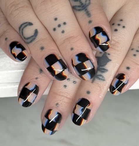 Techno Nails Art, Black Nails Colorful Design, Rave Nails Designs Black, Trippy Checkered Nails, Black Nails With Nail Art, Roller Skate Nails, Black And White Mushroom Nails, Trippy Nail Art Short, Black Space Nails