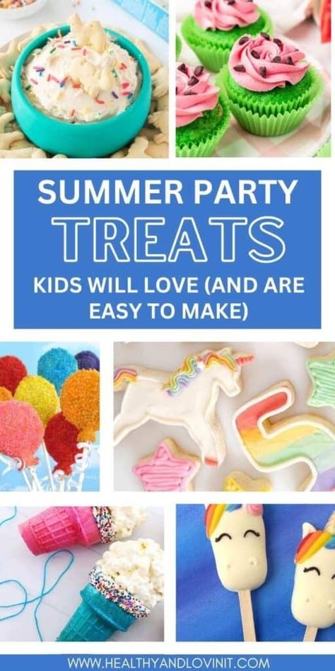 These Summer party foods will be a hit at your next birthday party! Kids will love these unique and cute party treats. These are easy to make, fun, and there are some healthy options also. These sweet treats include ideas for a mermaid party, unicorn party and lots more! Birthday Treats For Kids, Summer Party Foods, Easy Party Foods, Summer Party Treats, Fun Rice Krispie Treats, Diy Birthday Party Favors, Cheap Birthday Party, Small Birthday Parties, Summer Food Party