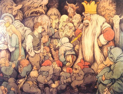 A scene from the tale ''In the hall of the mountain king'' - Photo credit @ Theodor Kittelsen Hall Of The Mountain King, John Kenn, Peer Gynt, Fairy Land, Nature Paintings, Children Illustration, Mythical Creatures, Artist At Work, The Mountain