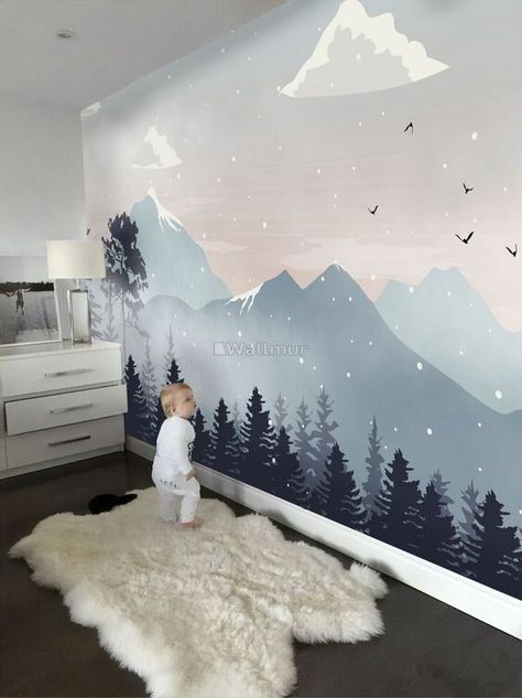 Snow Wallpaper, Mountain Wall Mural, Mountain Mural, Murals For Kids, Nursery Room Design, Baby Boy Room Nursery, Landscape Mountain, Nursery Room Inspiration, Baby Room Design