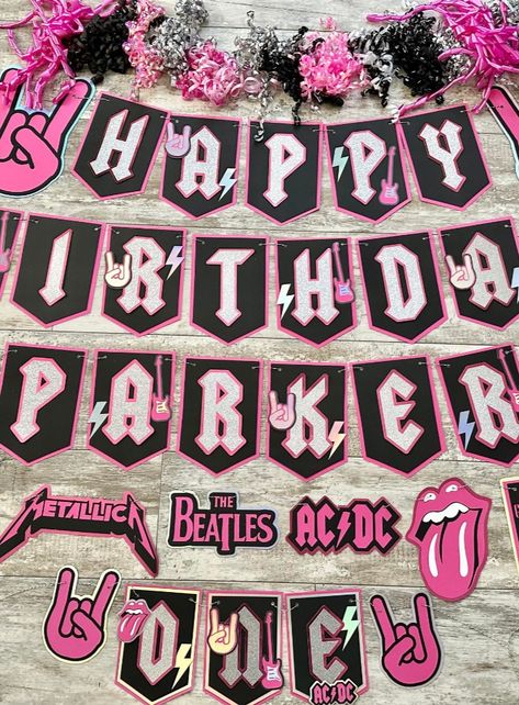 Complete your rockstar’s party with these personalized rock theme banners and other party items!! Rockstar Theme Birthday Party, Born Two Rock Birthday Girl, Another One Bites The Dust 1st Birthday, Rock N Roll Birthday Party Kids, Blink 182 Party, Rock And Roll Theme Party, Rock And Roll Birthday Party, Bday Plans, Rock Birthday