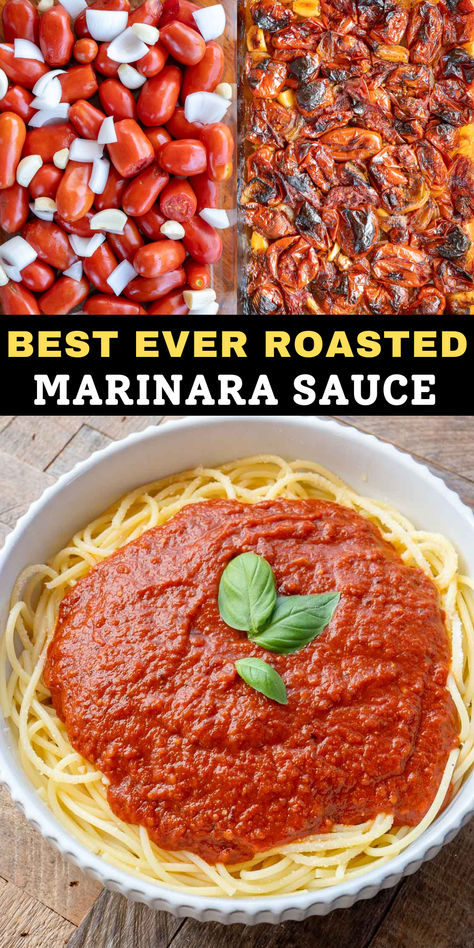 This delicious Roasted Tomato Sauce is easy to make from scratch! You’ll love this versatile homemade sauce recipe with mozzarella sticks, over pasta, in casseroles, and more. Tomato Canning Recipes Pasta Sauces, Diy Red Pasta Sauce, Homemade Pasta Sauce Roma Tomatoes, Homemade Roasted Spaghetti Sauce, Spaghetti Sauce Roasted Tomatoes, Roasted Tomatoe Sauce Homemade Fresh, Tomato Sauce Using Fresh Tomatoes, Roasted Tomato Spaghetti Sauce Homemade, How To Make Pasta Sauce With Tomatoes