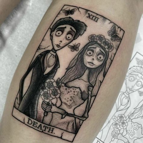 Spooky Halloween Tattoo Frases Emo, Corpse Bride Tattoo, Bride Tattoo, Cute Halloween Tattoos, Coraline Tattoo, Tim Burton Tattoo, Emo Tattoos, See Tattoo, Tarot Card Tattoo