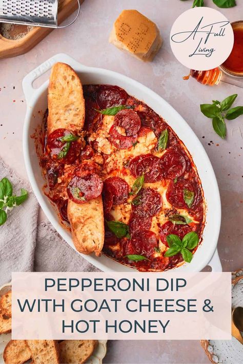 This delicious baked Pepperoni Pizza Dip is made with a base of creamy seasoned goat cheese, and drizzled with tons of hot honey! We add plenty of fresh basil and parmesan cheese for a sweet, savory, and spicy appetizer that comes together in 30 minutes with little effort! Serve it with bread or toasted ciabatta for the perfect party snack. Baked Hot Honey Feta Dip, Hot Honey Pizza Dip, Hot Honey Goat Cheese Dip, Goat Cheese Honey Appetizer, Hot Honey Dip, Hot Honey Goat Cheese, Pepperoni Appetizers, Spicy Dip Recipes, Hot Honey Pizza