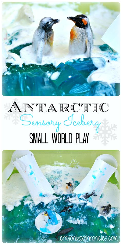 Simple Antarctic Jello  Sensory Play with DIY up cycled slides from plastic containers by Crayon Box Chronicles. Jello Sensory Play, Arctic Activities, Winter Sensory Play, Edible Sensory, Matthew Henson, Arctic Animals Crafts, Winter Sensory Bin, Winter Sensory, Sensory Tables