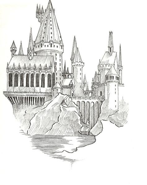 Sketch Of Hogwarts Castle, Harry Potter Drawing Hogwarts, Hogwart Sketch, Drawing Of Hogwarts Castle, Harry Potter Castle Sketch, Harry Potter Book Painting, Harry Potter Pencil Art, Harry Potter Building Drawings, Hogwarts Line Drawing