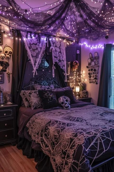 Goth Witch Bedroom Aesthetic, Dark Boho Goth Decor, Dark Goth Bedroom Aesthetic, Aesthetic Room Inspo Witchy, Bedroom Ideas Witch Aesthetic, Gothic Home Decor Diy Bedroom, Goth Apartment Decor Bedroom, Bedroom Decor Dorm, Purple Maximalist Decor