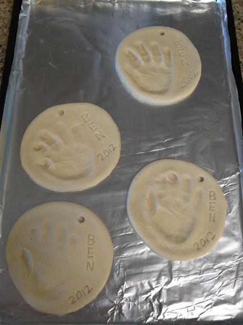 Salt Dough Ornaments For Grandparents, Infant Salt Dough Ornaments, Salt Flour Dough Ornaments, Salt Dough Fathers Day Gifts, Hand Ornaments, Salt Dough Christmas Ornaments, Salt Dough Recipe, Handprint Ornaments, Salt Dough Ornaments