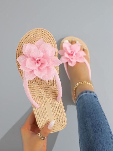 Pink Flip Flops Aesthetic, Decorated Flip Flops, Decorative Shoes, Flower Slippers, Cute Flip Flops, Sandals Wedding, Fashion Slippers, Tiny Apartment, Pink Collars