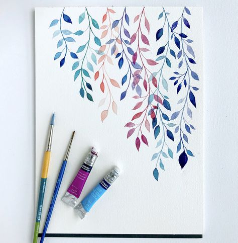 Nature Study Painting Watercolor, Watercolor Leaf Pattern, Watercolor Leaves Pattern, Watercolour Vines, Leaf Vine Drawing, Card Painting Ideas, Watercolor Vines, Water Colour Floral, Leaves Watercolor Painting