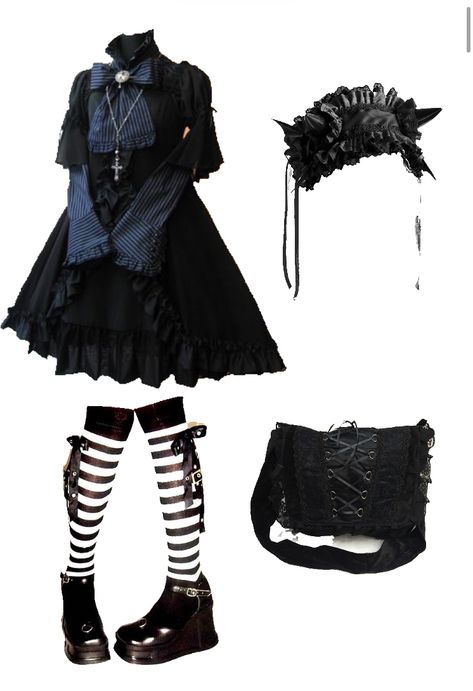 J Goth Outfits, Vkei Outfits Female, Black Kawaii Outfits, Vkei Clothes, Gothic Ouji Fashion, Goth Lolitas, Vkei Outfits, Visual Kei Outfits, Dollcore Outfits