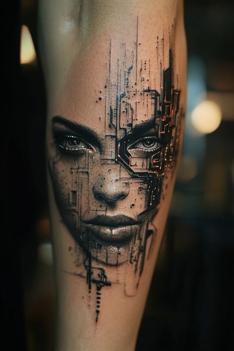 A futuristic tattoo of a woman's face integrated with circuit board elements. Transcendence Tattoo, Cyberpunk Tattoo Design, Cyberpunk Tattoo Design Ideas, Sci Fi Tattoo, Cyberpunk Tattoos, Neon Tattoos, Cyberpunk Tech, Best 3d Tattoos, Cyberpunk Tattoo