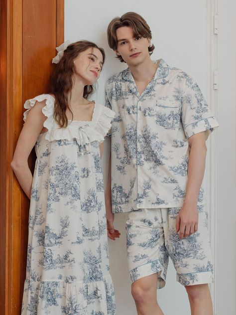 Editor's NotesThis pajama set is comprised of a short-sleeved top and bottom for men and sleeveless dress for women.  Romantic toile de jouy patterns are printed on cool cotton fabric.MEN'S- Short-sleeved button-down collared top with front pocket- Piping finishes on neckline and cuffs- Elasticated banding on the waist for comfort- Natural fit for a comfortable night's sleepWOMEN'S- Feminine square neckline- Embroidered laces and frills on the neckline and shoulders- Ribbon on the front cen Night Dress For Man, Cute Pajama Outfits, Cotton Night Dress, Cotton Pajama Set, Pajama Fashion, Sleepwear Fashion, Pajama Outfits, Couple Dress, Pakistani Dresses Casual