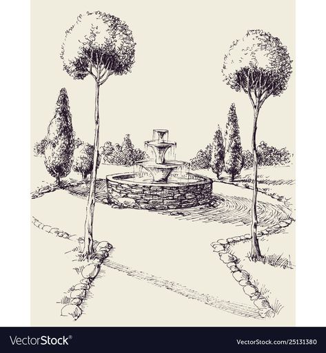 Park Sketch Drawing, Water Fountain Art, Water Fountain Sketch, Fountain Drawing Easy, Water Fountain Drawing, Garden Sketch Drawing, Fountain Sketch, Fountain Drawing, Park Sketch