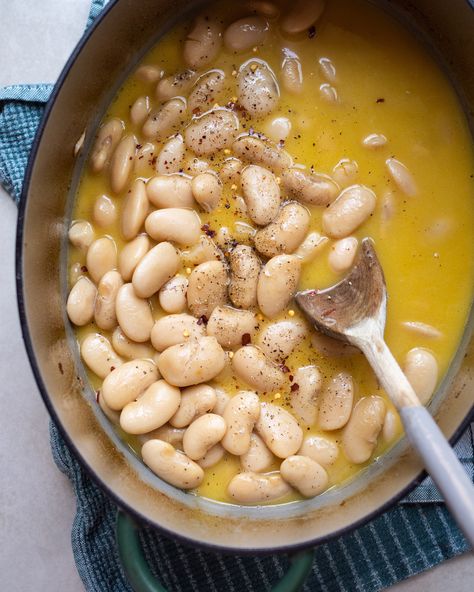 Buttery Parmesan Braised Beans — Local Haven Braiser Recipes, Braised Beans, Cooking Beans, Butter Beans Recipe, Beans In Crockpot, Parmesan Rind, Flavor Combinations, Dutch Oven Recipes, How To Cook Beans