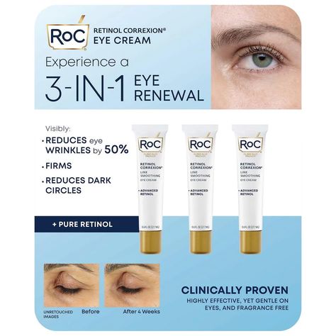 PRICES MAY VARY. Address 3 Major Eye Area Concerns: Lines, Dark Circles and Firmness with One Hard-working Cream Formulated with Slow-release Retinol & a Retinol Booster, Backed by 25 Years of Research Clinically Proven to Rejuvenate your Eyes for Maximum Results without the Irritation RETINOL EYE CREAM: Address the 3 key signs of eye agingpuffiness, dark circles & wrinkles with 1 hard-working cream that's clinically proven to visibly rejuvenate the delicate skin around the eyes. PROVEN RESULTS. Roc Skincare, Roc Retinol, Hydrating Eye Cream, Retinol Eye Cream, Eye Cream For Dark Circles, Best Eye Cream, Reduce Dark Circles, Eye Anti Aging, Deep Wrinkles