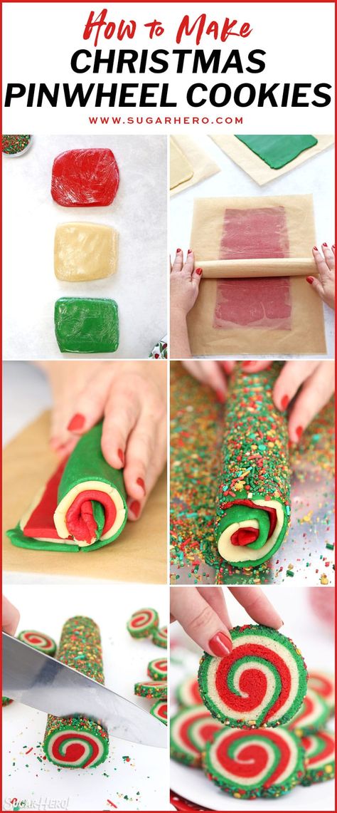 Christmas Pinwheel Sugar Cookies might be the best Christmas cookie recipe ever! They’re made with a simple sugar cookie dough, and the beautiful red, white, and green spiral design is surprisingly easy to make. #sugarhero #pinwheelcookies #christmascookies #holidaycookies Christmas Cookie Pinwheels, Christmas Pinwheels Cookies, Red And Green Sugar Cookies Christmas, Spiral Christmas Cookies, Sugar Swirl Cookies, Christmas Swirl Sugar Cookies, Pinwheel Sugar Cookies Christmas, Christmas Pinwheel Cookies Recipe, Pin Wheel Cookies Recipes