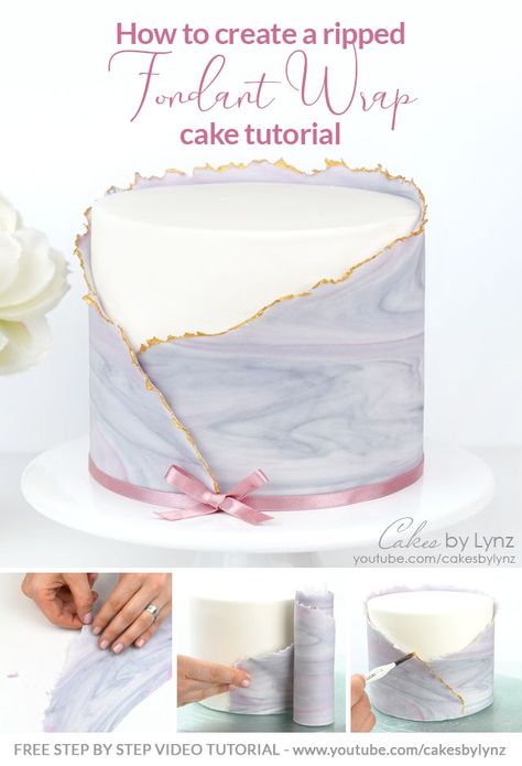 How to create a ripped fondant wrap to add onto your cakes - cake decorating tutorial Pretty Fondant Cakes, Modern Fondant Cake Design, Dummy Cake Decorating Ideas, Buttercream And Fondant Cake, Torn Fondant Cake, Ripped Fondant Wrap Cake, Fondant Wrap Cake Design, How To Paint Fondant, Fondant Wrap Cake