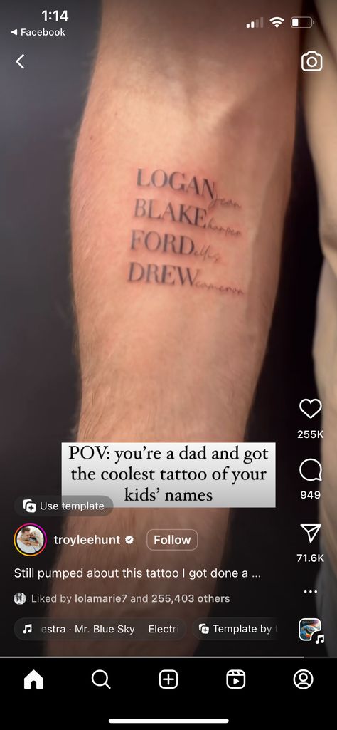 Name Tattoo Ideas For Man, Gender Neutral Family Tattoos, Tattoos For Dads With Sons, Son Name Tattoo For Dad, Tattoo Ideas Baby Boy, Dad Tattoos For Kids, Tattoo Ideas For Dads With Kids, Daughter Name Tattoo For Men, Tattoos For Dads With Kids