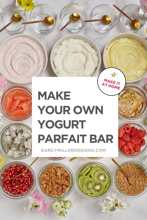 Looking for a creative way to enjoy a healthy snack? Try hosting a yogurt party! With a variety of toppings and mix-ins, you can customize your own parfait in a fun and whimsical way. This DIY parfait bar is perfect for parties, gatherings, or a simple afternoon snack. Whether you prefer sweet or savory, crunchy or smooth, there's a combination that's perfect for you. So gather your friends and family and get ready to indulge in some delicious and creative yogurt parfaits! Make Your Own Parfait Bar, Diy Parfait Bar, Build Your Own Yogurt Parfait Bar, Breakfast Yogurt Bar, Build Your Own Parfait Bar, Yogurt Mix In Ideas, Diy Clio Greek Yogurt Bars, Diy Parfait Cups, Yougart Parfait Cups Recipe