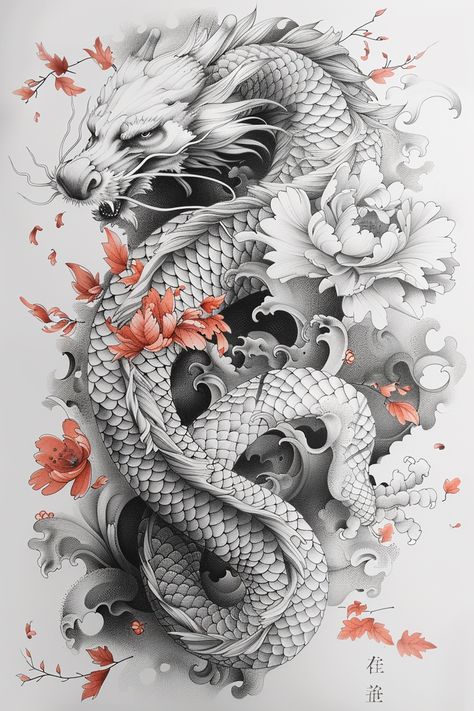 Colorful Tattoo - Traditional Tattoos - Special Meaningful Tattoo - Dreamy Designs - The Most Beautiful Tattoo - Magical Moments  - Tattoo Designs Drawings #TattooDrawings #TattooRealistic #TattooDesigns Chrysanthemum Dragon Tattoo, Dragon Tattoo Sleeve Women, Full Sleeve Tattoo Designs For Women, Year Of Dragon Tattoo, Chinese Dragon Head Drawing, Dragon Tattoo Korean, Realism Dragon Tattoo, Dragon Tattoo Background, Dragon Rose Tattoo