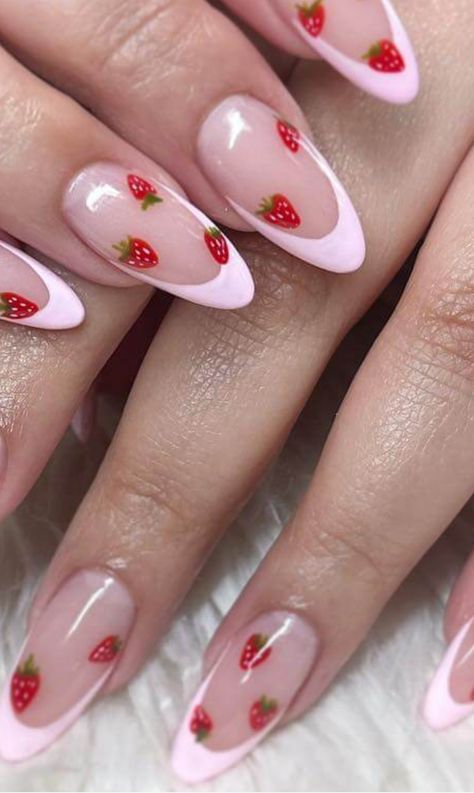 Red French Tip Nails Strawberry, Pink Nails With Strawberries, Pink Strawberry Nails, Strawberry Milk Nails, Breakfast Nails, Strawberry Shortcake Nails, Pin Up Nails, Strawberry Nail Art, Cute Nail Colors