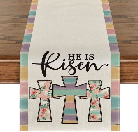 AmazonSmile: Artoid Mode Cross He is Risen Easter Table Runner, Spring Summer Seasonal Anniversary Holiday Kitchen Dining Table Decoration for Indoor Outdoor Home Party Decor 13 x 72 Inch : Everything Else Easter Tableware, Easter Tablecloth, He Is Risen Easter, Easter Table Runners, Tafel Decor, Easter Party Decor, Summer Table, Table Flag, Easter Decorations Vintage