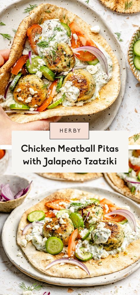 Absolutely delicious herby chicken meatball pitas piled high with flavorful, protein-packed chicken meatballs, fresh veggies, and a creamy homemade jalapeño tzatziki sauce. This easy, nourishing dinner comes together in 30 minutes and is the perfect balance of savory, spicy, and fresh. Summer Meatball Dinner, Chicken Meatball Recipe Main Dishes, Meaty Dinner Ideas, Herby Chicken, Chicken Meatball Recipe, Nourishing Dinner, Greek Dinners, Chicken Meatball, 2024 Recipes