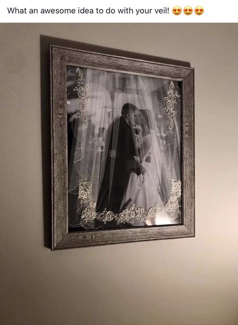 Cool idea to frame your veil with a wedding photo Wedding Dress Frame, Repurpose Wedding Dress, Wedding Dress Keepsake, First Dance Photos, Wedding Shadow Box, Wedding Mementos, After The Wedding, Wedding Display, Diy Bridal