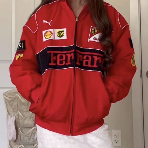 Red Ferrari Jacket Outfit, Red Ferrari Jacket, Ferrari Jacket Outfit, Ferrari Merch, Air Force Outfit, Red Jacket Outfit, Ferrari Vintage, Vintage Racing Jacket, Ferrari Jacket