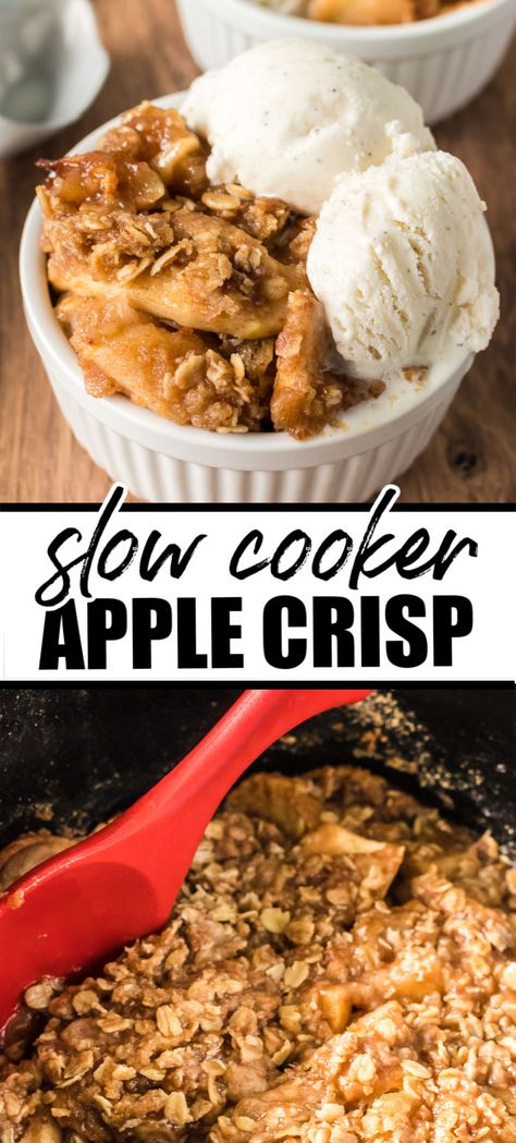 Easy Slow Cooker Apple Crisp with brown sugar cinnamon oat topping is the perfect way to use some of your favorite apples. Served warm or cold, this dessert is a favorite! | www.persnicketyplates.com Crock Pot Apple Crisp Slow Cooker, Crockpot Apple Crisp With Pie Filling, Easy Crockpot Apple Crisp, Apple Crisp Crockpot Easy, Cinnamon Apples Crockpot, Crock Pot Apple Crisp Recipe, Apple Crockpot Recipes, Crock Pot Apple Crisp, Slow Cooker Apple Cobbler