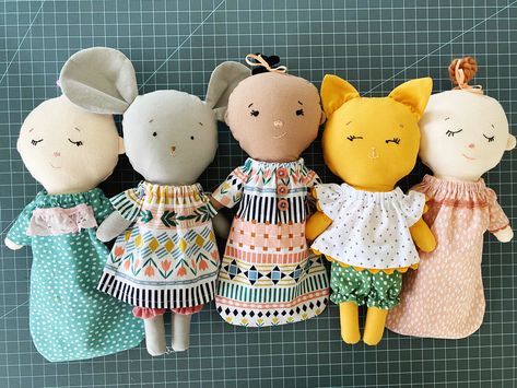 Animal Rag Doll Sewing Pattern — Pin, Cut, Sew Studio Rag Doll Tutorial Free Pattern, Mini Doll Sewing Pattern Free, Small Fabric Animals, Free Fabric Doll Patterns, Mini Doll Sewing Pattern, Simple Rag Doll Pattern Free, Pin Cut Sew, Ragdoll Patterns Free Sew, Simple Doll Pattern