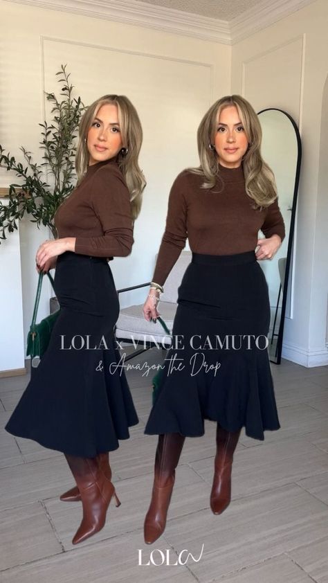 High Boots Fall Outfit, Black Skirt Midi, Skirt Outfits With Boots, Long Leather Skirt, Leather Skirt Outfit, Skirt Outfits Fall, Modesty Outfits, Winter Skirt Outfit, Stylish Work Outfits