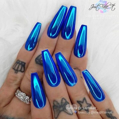 Blue Coffin Nails, Blue Acrylic Nails, Coffin Shape Nails, Blue Nail Designs, Blue Nail, Coffin Nails Long, Metallic Nails, Nailed It, Coffin Nails Designs