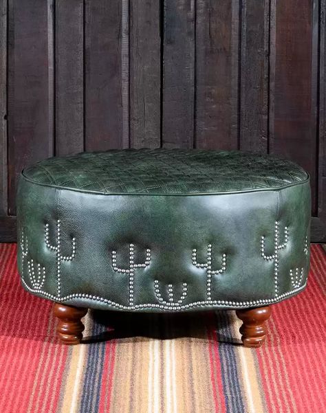 Desert Cactus Round Leather Ottoman Round Leather Ottoman, Ranch House Decor, Western Furniture, Southwest Decor, Furniture Rehab, Desert Cactus, Southwestern Decorating, Western Homes, Hus Inspiration