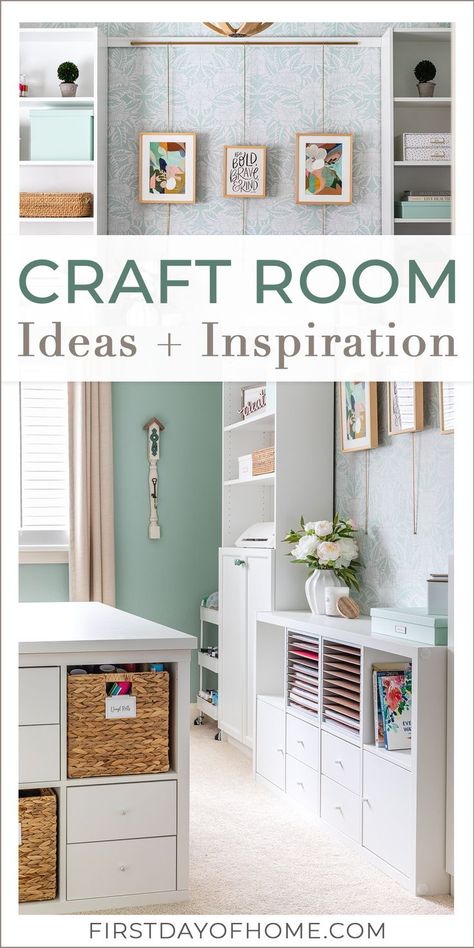 Collage of craft room photos showing craft room furniture, cube storage, and wall decor. Text overlay reads "Craft Room Ideas + Inspiration" Joanna Gaines Craft Room, Office Scrapbook Room, Silhouette Craft Room Ideas, Craft Organization Closet, Study/craft Room Ideas, Mint Craft Room, Craft Room Makeover Before After, Craft Room And Home Office Combo, Craft Storage Armoire