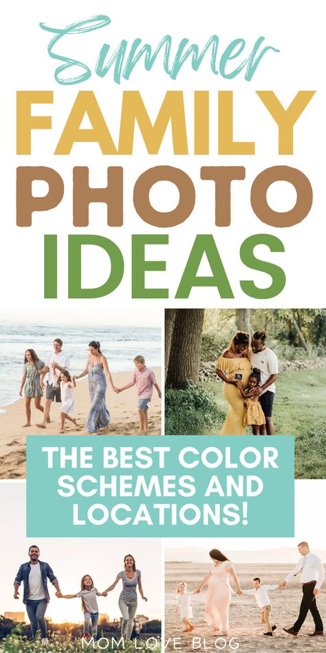 Collage of summer family photo ideas. Family Photo Ideas Summer, Family Photo Colors Summer, Summer Family Photo Outfit Ideas, Summer Picture Color Schemes Family, Family Photo On The Beach, Summer Family Photoshoot Color Schemes, Family Photo Outfits Beach Color Combos, Summer Family Photo Color Scheme Outdoor, Summer Picture Outfits Family