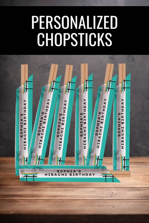 Personalized chopstick sleeves - They're a fun, colorful way to add a unique and custom touch to your event.  These personalized chopstick sleeves are great for Hibachi Dinner Parties, Hibachi Events, Weddings, Rehearsal Dinners, and custom party favors. They're also terrific for advertising your brand or marketing message for corporate events. Customized with your choice of text. Hibachi Party Ideas At Home, Hibachi Party, Hibachi Dinner, Personalized Chopsticks, Marketing Message, Block Scheduling, Sushi Party, Custom Party Favors, Birthday Table