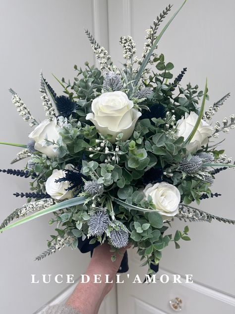 Sage Green And Navy Blue Flowers, White And Navy Bouquet Wedding, White Navy Wedding Theme, Wedding Bouquet Navy Blue, Sage And Navy Bouquet, Emerald And White Bouquet, Sage And Navy Wedding Flowers, Sage Green Navy Blue Blush Pink Gold Wedding, Navy Light Blue And Sage Wedding