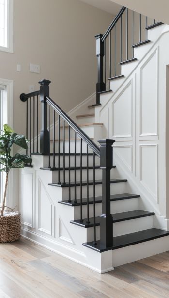 A Step Above: 16 Creative Stair Railing Ideas to Inspire Your Next Renovation Dark Gray Stair Railing, Modern Banisters And Railings Wood, Stair Refinishing Ideas, Black Rod Iron Staircase Railings, Stairs Black Spindles, Black Wood Stairs, New Staircase Ideas, White Stairs Black Railing, Painted Stair Banister Ideas