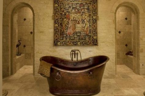 false Medieval Home Decor, Gothic Bathroom, Unique Bathroom Design, Mini Bad, Doorless Shower, Medieval Decor, Copper Tub, Unique Bathroom, Custom Home Designs