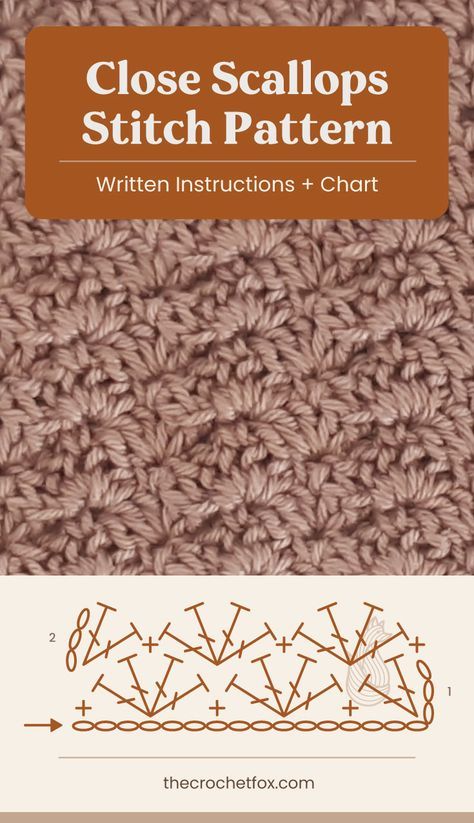 Crochet Stitches Patterns Diagram Charts, Crochet Stitch Diagram Charts, Fan Crochet Stitch, Crochet Scallop Stitch, Scallop Crochet Pattern, Crochet Stitches Patterns Diagram, Crochet Texture Stitches, Wattle Stitch Crochet, Crochet Stitch Diagram