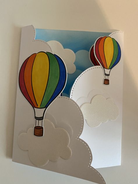 See other pin for the inside of this card. Used stitched bouncy trails for the clouds. Cloud Paper Craft, Birthday Card Ideas Inside The Card, Hot Air Balloon Cards Handmade, Inside Birthday Card Ideas, Birthday Card Inside Ideas, Steam Card, Handmade Greeting Card Designs, Hotel Card, Happy Birthday Cards Diy