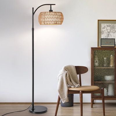 Arc floor lamp for living room with remote control, boho farmhouse standing lamp with stepless dimmable bulb and fabric & rattan lampshades, height adjustable black tall lamp for living room, bedroom, office | Bay Isle Home™ Abdool 68.5" Arched / Arc Floor Lamp Metal in Black / Brown | 68.5 H x 9.8 D in | Wayfair Wicker Floor Lamps Living Room, Light Stand Lamp, Rattan Standing Lamp, Office Floor Lamp, Boho Floor Lamp, Farmhouse Floor Lamp, Standing Lamp Bedroom, Floor Standing Lamp, Office Floor Lamps