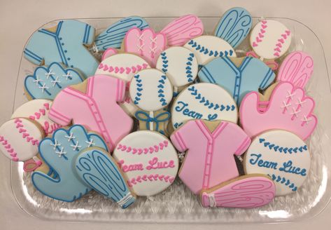 Volleyball Gender Reveal Ideas, Team Pink Or Team Blue, Baseball Gender Reveal Cookies, Gender Reveal Ideas Baseball Theme, Baseball And Softball Gender Reveal, Gender Reveal Ideas Baseball And Bows, Baseball Gender Reveal Cake, Baseball Themed Gender Reveal Party, Baseball And Bows Gender Reveal Ideas