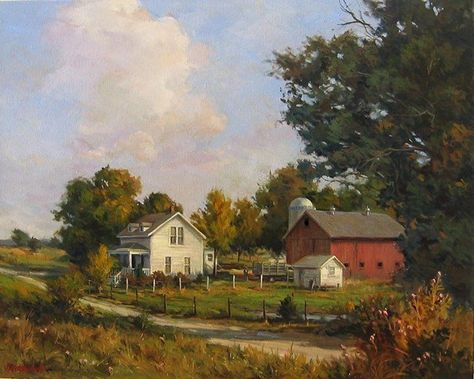 "Family farm" By John Pototschnik, British-born American Artist ... Family Art Painting, John Pototschnik, Tree Drawings, Farm Paintings, Barn Painting, Cottage Art, Farm Scene, Southwest Art, Art Organization