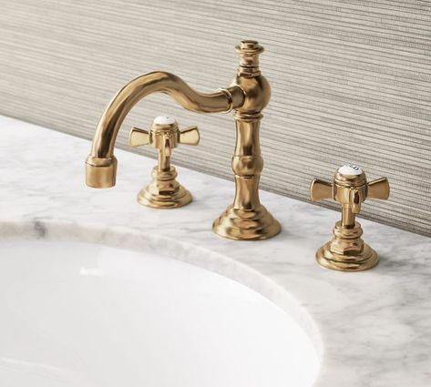 Sink Faucets & Bathtub Faucets | Bathroom Faucets | Pottery Barn Polished Nickel Bathroom Fixtures, Vintage Bathroom Faucet, Bathroom Sink Fixtures, Antique Brass Bathroom Faucet, Gold Bathroom Fixtures, Brass Bathroom Fixtures, Gold Bathroom Faucet, Powder Room Sink, Bathtub Faucets