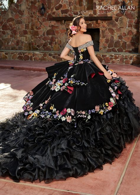 Stranger Things Quinceanera Dress, Black Butterfly Quinceanera Dresses, Quinceanera Dresses Black Couture Candy, Quinceanera Dresses Mexican Charra Green, Butterfly Quince Dress Mexican, Luxury Quinceanera Dress With Floral Applique, Luxury Quinceanera Dress With Ruffles For Party, Luxury Embroidered Gown For Quinceanera, Luxury Embroidered Dress For Quinceanera