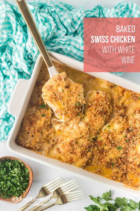 Baked Swiss Chicken with White Wine is a delicious family favorite—creamy white wine sauce and slightly crunchy stuffing mix are the perfect complement to gooey Swiss cheese over chicken breasts. Swiss Chicken Bake With Stuffing, Chicken White Wine, Crunchy Stuffing, Chicken In Wine Sauce, Swiss Cheese Recipes, Swiss Chicken Bake, Chicken White Wine Sauce, Pepperidge Farm Stuffing, Newest Recipes